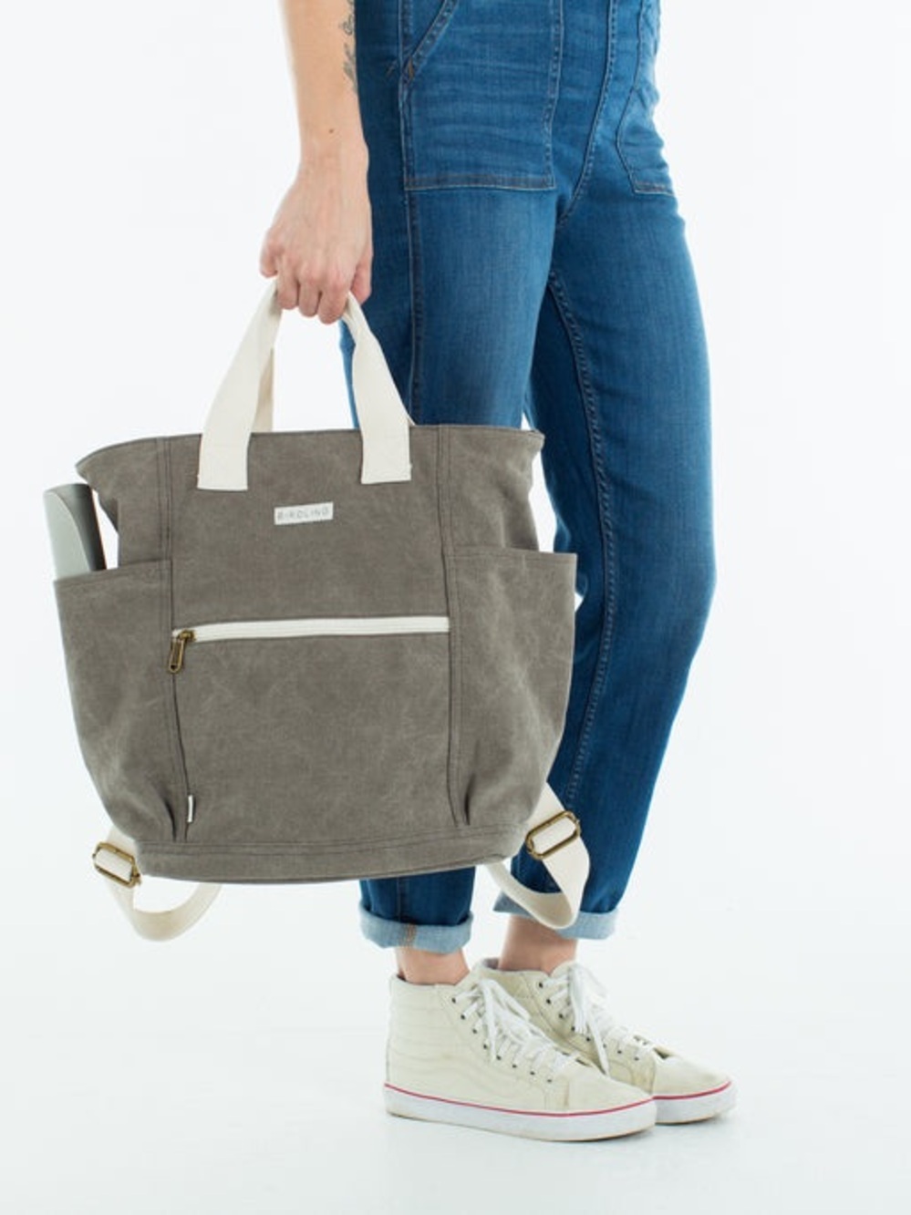 Birdling Backpacker Canvas Tote Backpack in Gray with Cream Handles